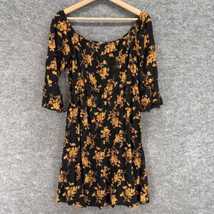 Jeceika Dress Women L Large Black Floral Sheath Midi 3/4 Sleeve Round Neck